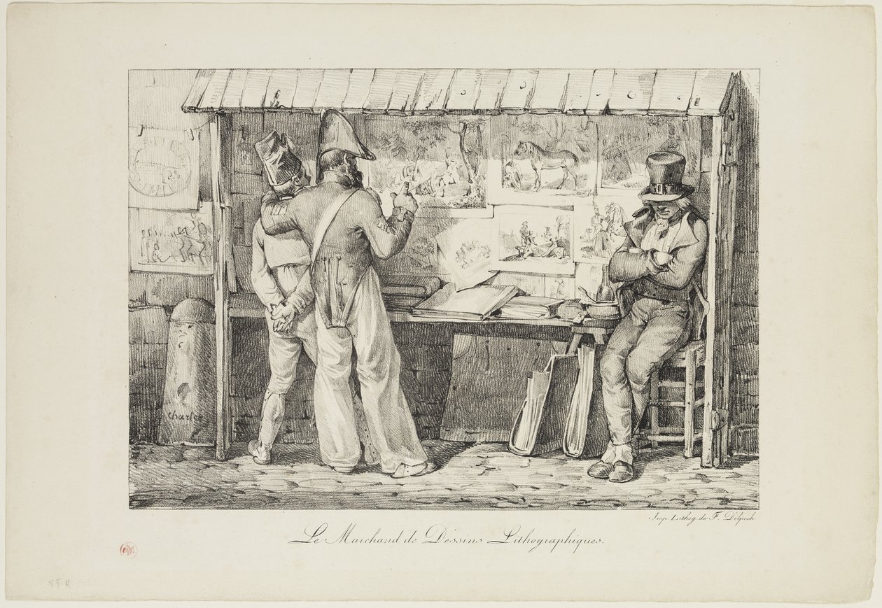 1818年至1819年之间的Le marchand de dessins平版印刷术（在编织纸上用黑色墨水印刷） 作者 亚历山大·加布里埃尔（后）Decamps