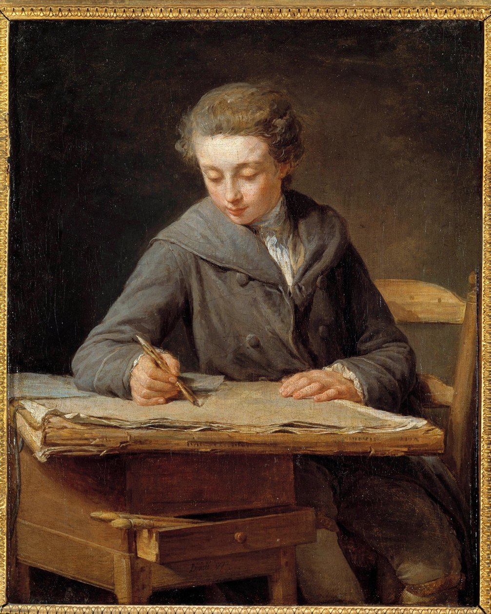 小漫画家：Carle Vernet 的肖像 14 岁。 Carle Vernet，法国画家（1758-1836 年）由这幅画的作者尼古拉斯·伯纳德·莱皮西（Nicolas Bernard Lepicie，1735-1784 年）抚养长大。 布面油画 作者 尼古拉斯·伯纳德·莱皮西