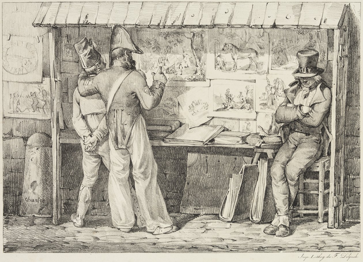 1818年至1819年之间的Le marchand de dessins平版印刷术（在编织纸上用黑色墨水印刷） 作者 亚历山大·加布里埃尔（后）Decamps