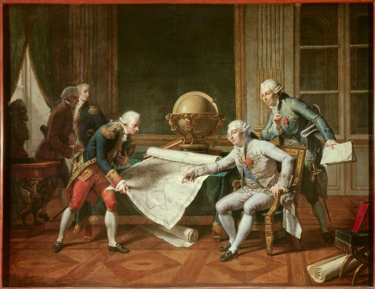 法国国王路易十六 (1754-1793) 指示拉佩鲁斯伯爵让-弗朗索瓦·加劳普上尉 (Jean Francois Laperouse 作者 尼古拉斯·安德烈·蒙西奥