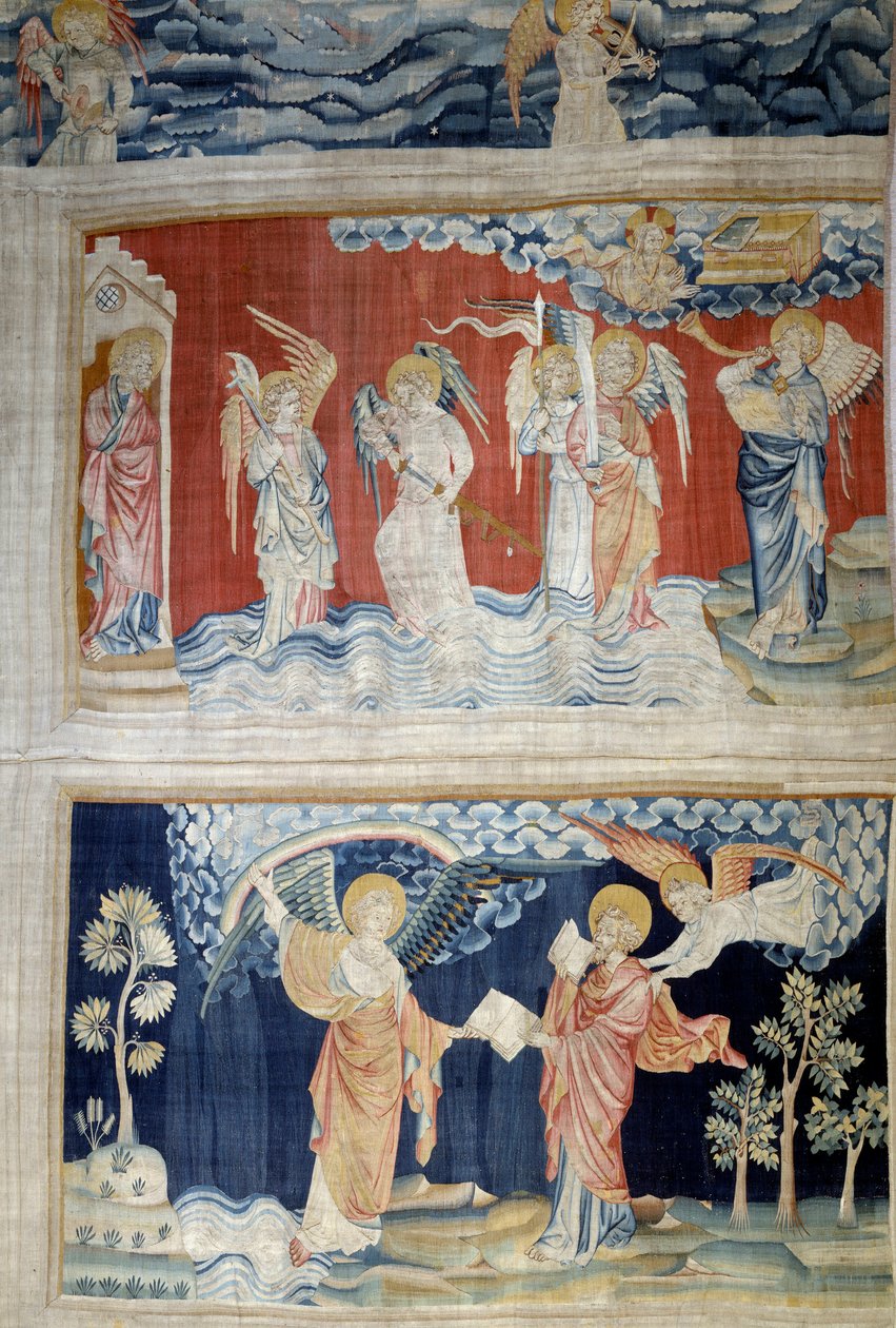悬挂的《启示录》（1373-1383），第25页：第六次号角，幼发拉底河的天使们。下面，第28页，天使将书交给圣约翰，他吞下了这本书。尼古拉-巴泰尔（1330-1405）的挂毯 作者 尼古拉斯·巴塔耶（Nicolas Bataille）