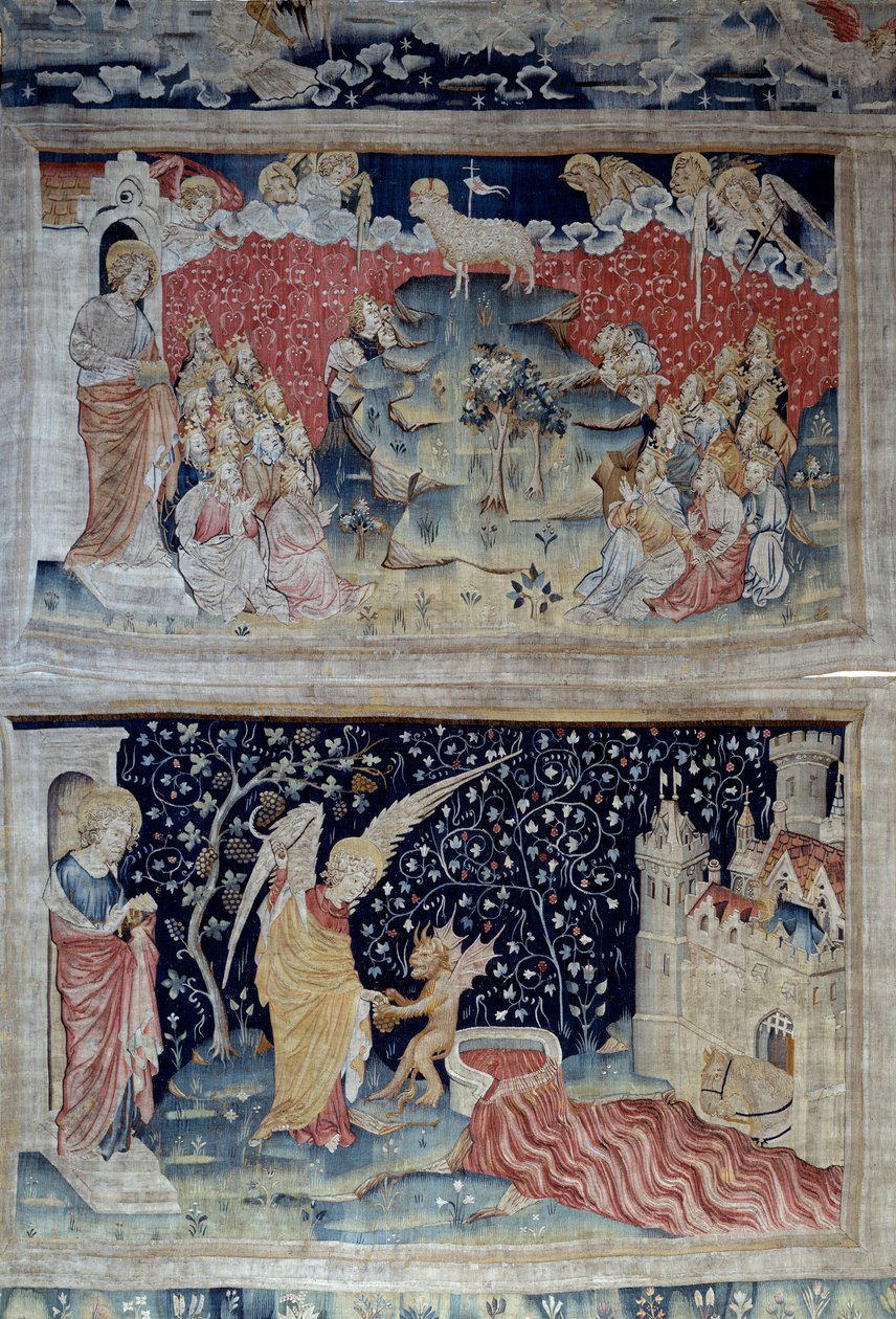 悬挂的《启示录》（1373-1383），第47页：锡安山上的羔羊。下面，第55页，天使拿起地上的葡萄，倒入上帝愤怒的大缸中，大缸溢出，鲜血飞溅。尼古拉-巴泰尔（1330-1405）的挂毯 作者 尼古拉斯·巴塔耶（Nicolas Bataille）