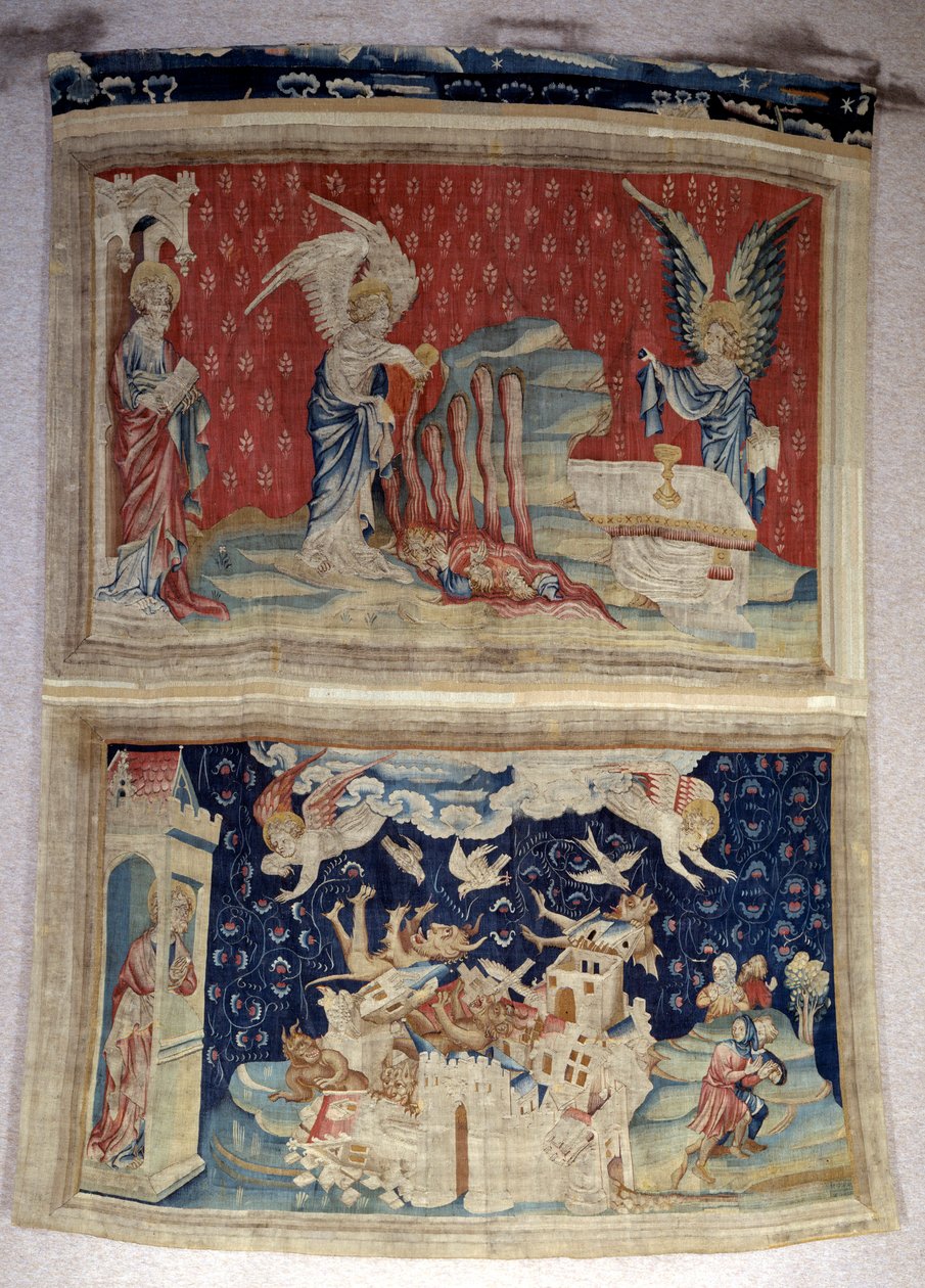 悬挂《启示录》（1373-1383），第59页：第二和第三瓶倾倒在海和水之上。楼下，第66页，巴比伦被恶魔入侵。尼古拉-巴泰尔（1330-1405）的挂毯 作者 尼古拉斯·巴塔耶（Nicolas Bataille）