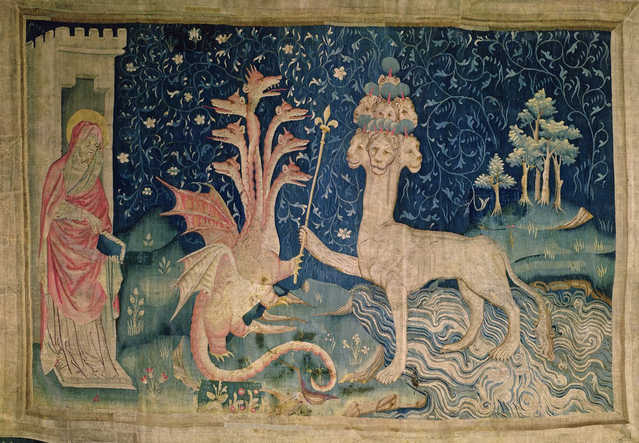 “天使的启示录”，第1373-87页（挂毯）中有七头十冠的海兽 作者 尼古拉斯·巴塔耶（Nicolas Bataille）