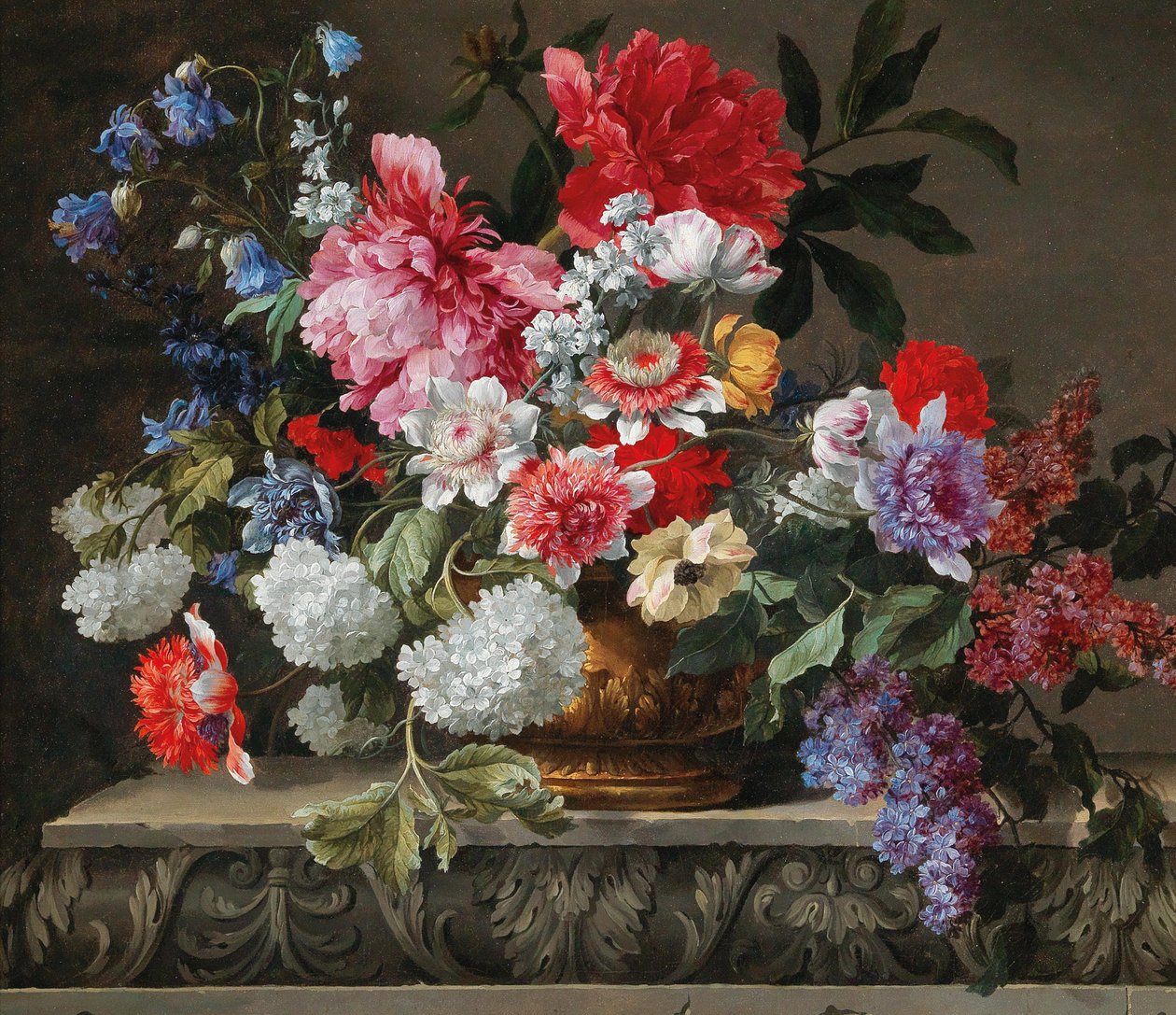 玫瑰、郁金香、银莲花和丁香的静物画，17世纪下半叶。 作者 尼古拉斯·鲍德森（Nicolas Baudesson）