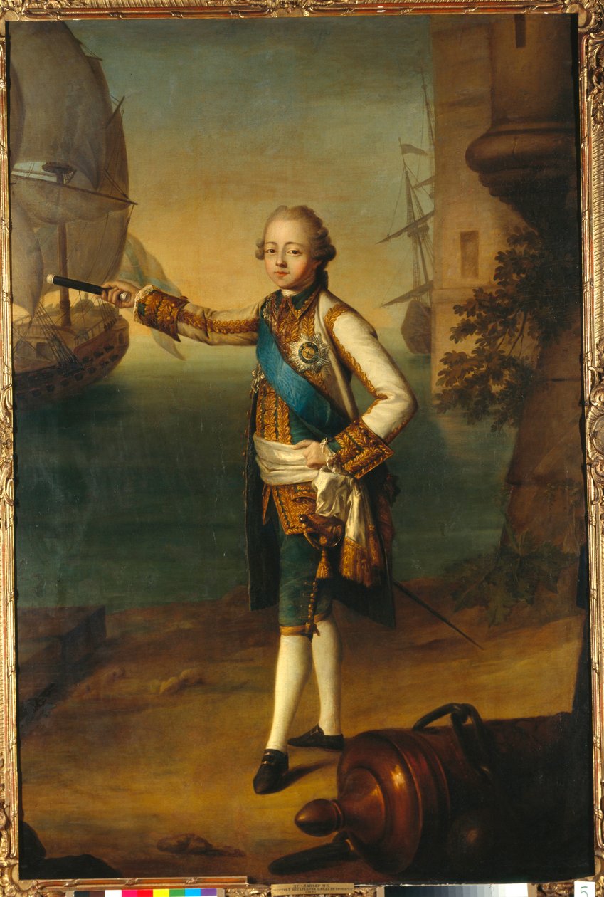 身着海军上将制服的帕维尔-彼得洛维奇大公肖像（1754-1801 年，俄国保罗一世）--尼古拉-本杰明-德拉皮埃尔（1739-1802 年）的油画，布面油画 作者 尼古拉斯·本杰明·德拉皮埃尔