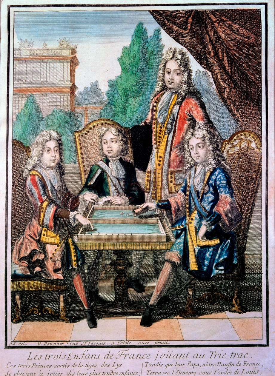 路易十四（1638-1715）的孙子，勃艮第公爵路易（1712年去世），安茹公爵菲利普（1683-1746），以及贝里公爵查尔斯与他们的父亲，法国的海豚路易（1711年去世），在玩tric trac（Trictrac或Trictrac：backga的祖先。 作者 尼古拉斯·波纳特（Nicolas Bonnart）