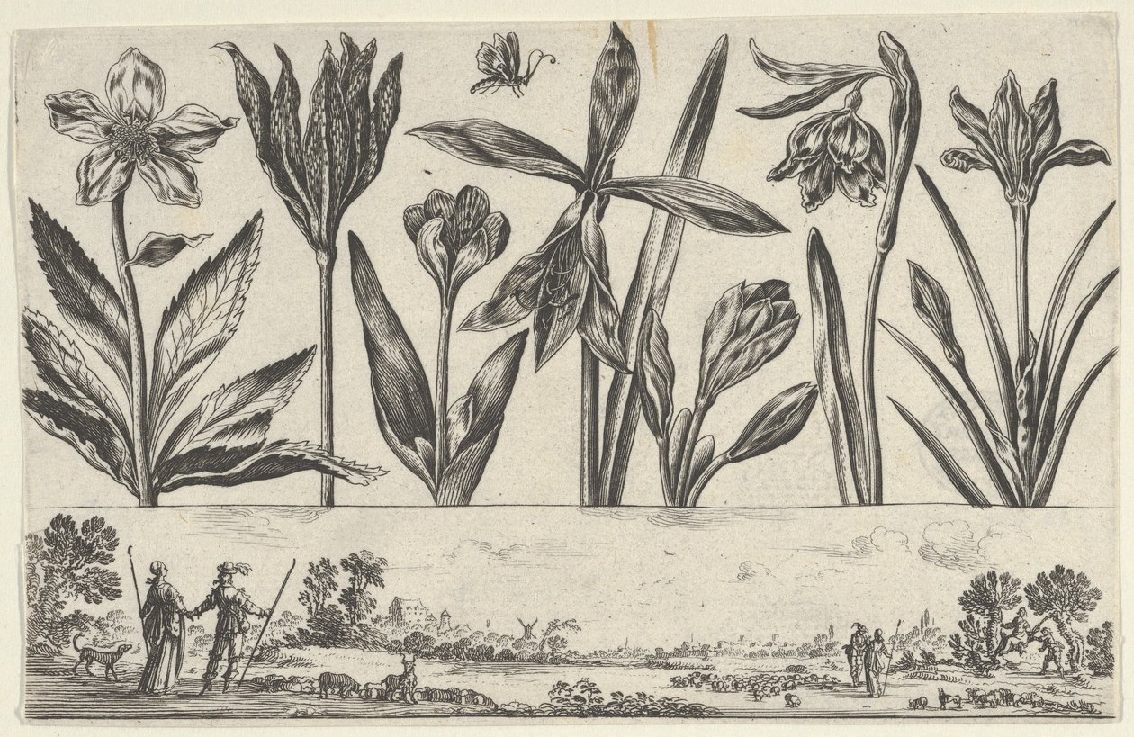 横板上有一排花，上面有山水人物的壁画，来自《李》，1645年。 作者 尼古拉斯·科钦（Nicolas Cochin）