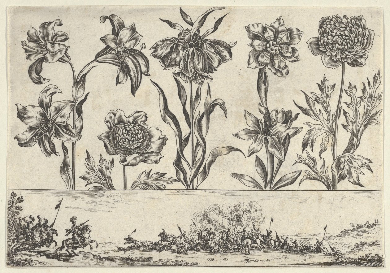 横板上有一排花，上面有一个风景中的战斗场景的壁板，...，1645年。 作者 尼古拉斯·科钦（Nicolas Cochin）