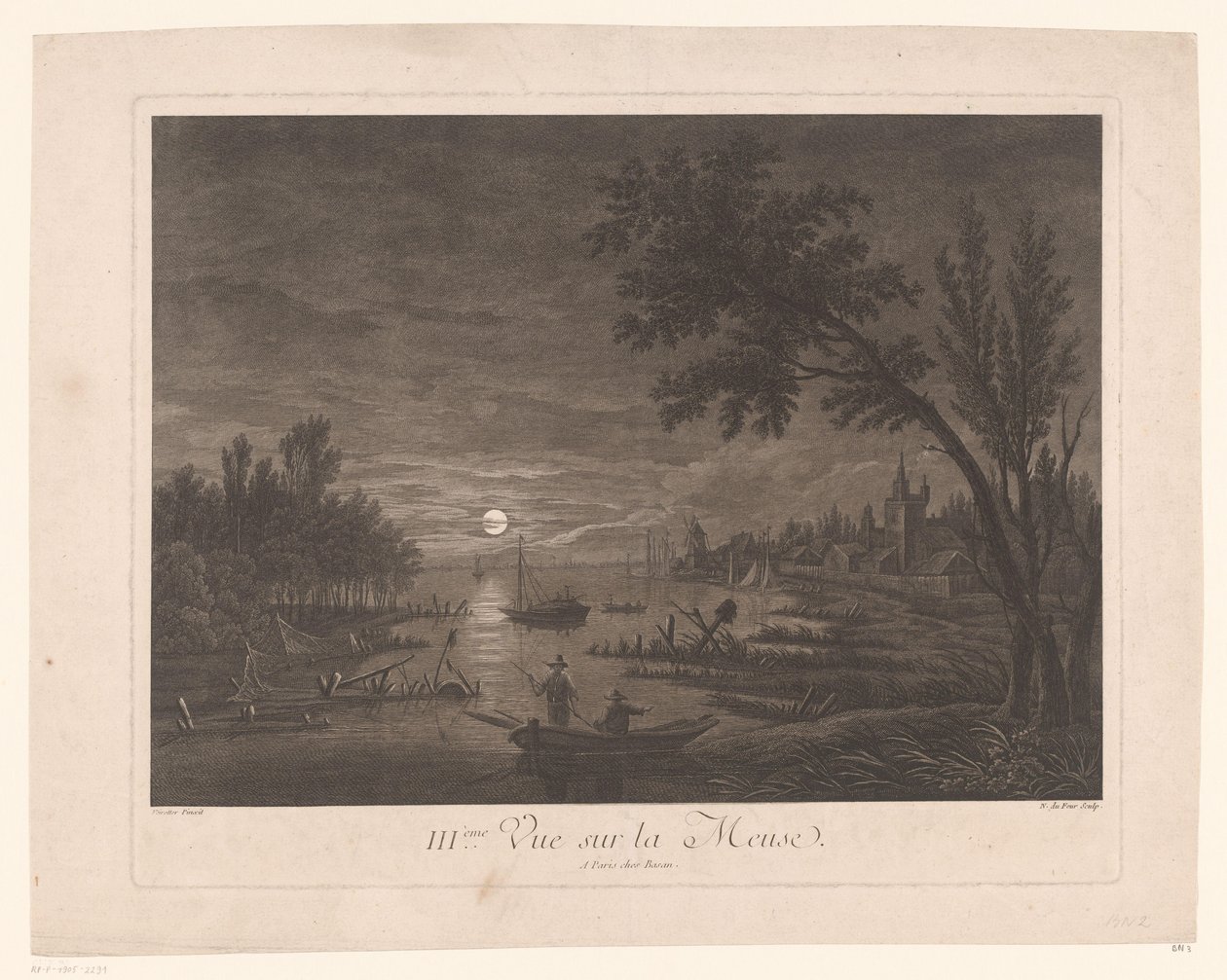 马斯河夜景与渔民
III.ème Vue sur la Meuse.(物体上的标题） 作者 尼古拉斯·杜福尔