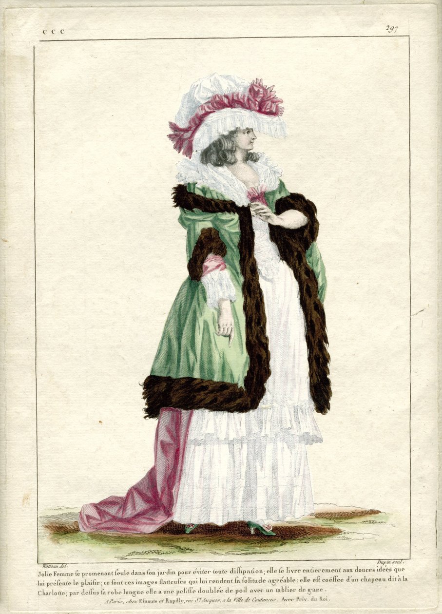 Gallerie des Modes et Costumes Francais, 1785, CCC 297: 漂亮女人独自行走... 作者 尼古拉斯·杜平