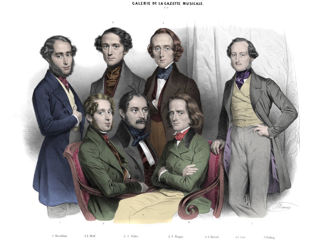 Galerie de la Gazette musice N. 2. 1842 年的名人：弗雷德里克·肖邦 (1810-1849) 弗朗茨·李斯特 (1811-1886)、雅各布 (Jakob, Jacques) Rosenhain、爱德华·沃尔夫、西吉斯蒙德·塔尔伯格、阿道夫·冯·泰奥多尔 (Theodore)多勒 (1814-1856)。 尼古拉斯雕刻 作者 尼古拉斯·尤斯塔什·莫林