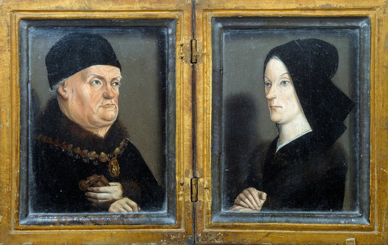 Diptych of the Matheron: portraits of Rene, Duke of Anjou, Count of Provence, King of Sicily and Jerusalem (1409-1480) and his wife Jeanne de Laval. Painting by Nicolas Froment (ca. 1425-1483/1486) Sun. 0,17x0,13 m 作者 尼古拉斯·弗罗门特（Nicolas Froment）