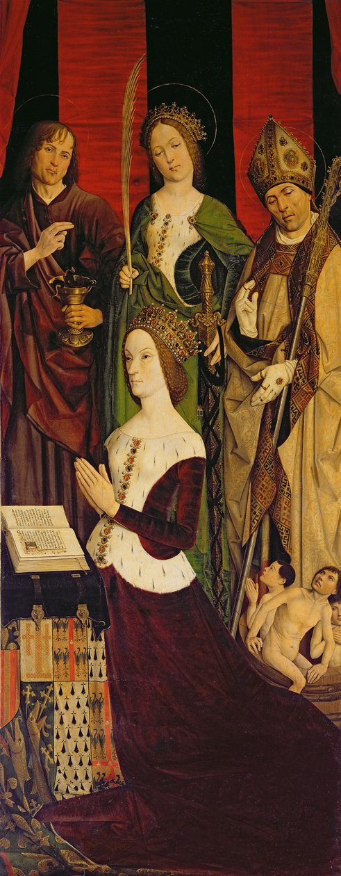 摩西和燃烧的布什的三联画，右边的小组描绘了Jeanne de Laval（d.1498）与圣约翰，圣凯瑟琳和圣尼古拉斯，c.1476（另见26542,173010和232840） 作者 尼古拉斯·弗罗门特（Nicolas Froment）