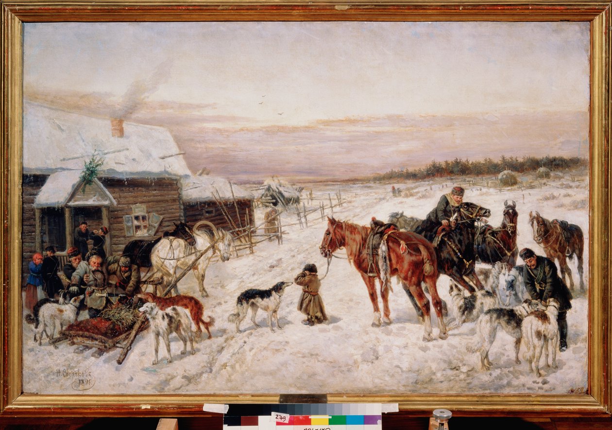Devant une taverne en hiver (Before a pub in winter) - Peinture de Nikolai Yegorovich Sverchkov (Nicolas Swertschkoff) (1817-1898), huile sur toile 作者 尼古拉斯·格雷戈罗维奇·斯维特科科夫