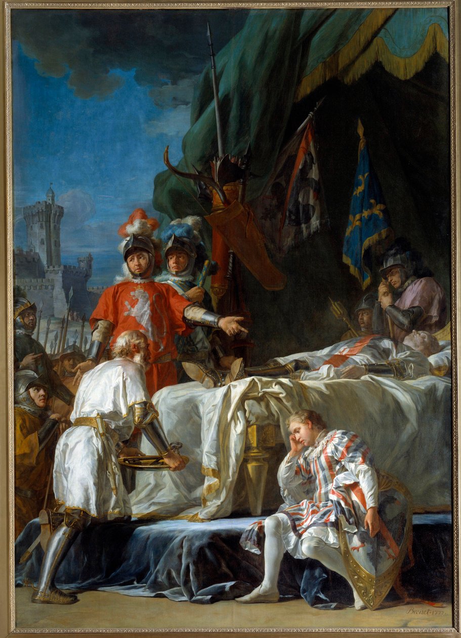 百年战争：“” Bernard du Guesclin (1320-1380) 在 Chateauneuf de Randon the 13/07/1380 之前的死“” Nicolas Guy Brenet (1728-1792) 绘画，18 世纪太阳。 3,83x2,64 m 巴黎, 作者 尼古拉斯·盖·布雷内特