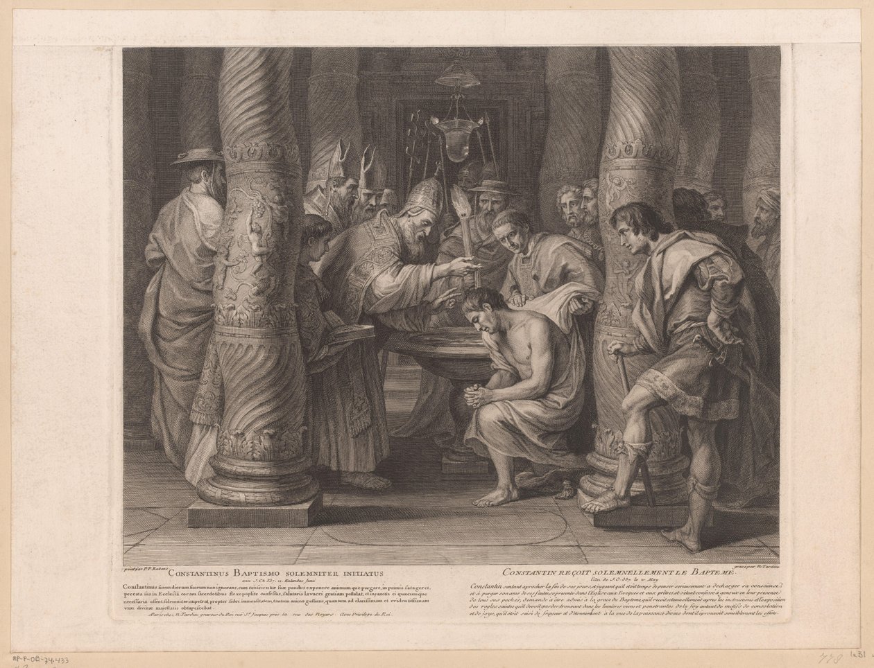 教皇西尔维斯特一世为君士坦丁皇帝施洗
Constantinus baptismo solemniter initiatus / Constantin reçoit solemnellement le baptème（物品上的标题）
君士坦丁大帝的历史（系列标题） 作者 尼古拉斯·亨利·塔迪厄