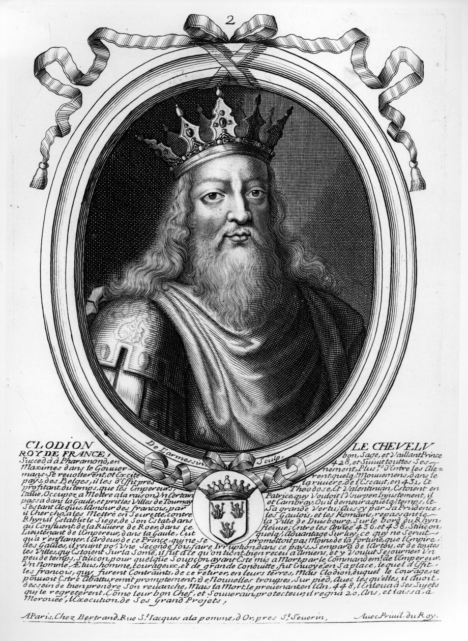 Clodion The Hairy（c.42-47）来自&39;法国所有国王的奥古斯特代表，从Pharamond到Louis XIV&39;，巴黎，1679 作者 尼古拉斯二世·拉尔梅辛