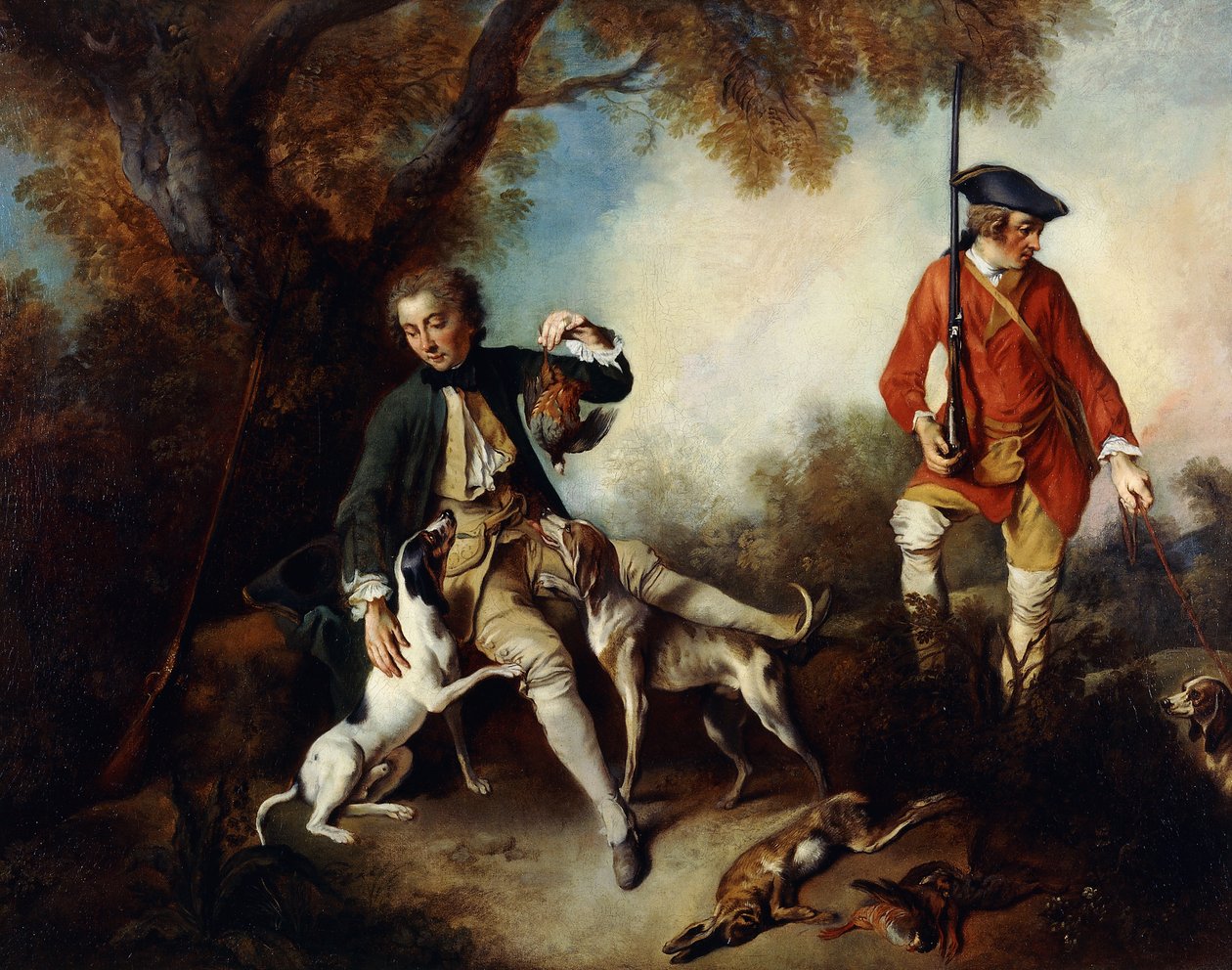 La Halte de Chasseurs”：一个猎手拿着一只猎鸟鸟，在附近的树上休息，他的仆人和猎犬， 作者 尼古拉斯·兰克里特（Nicolas Lancret）