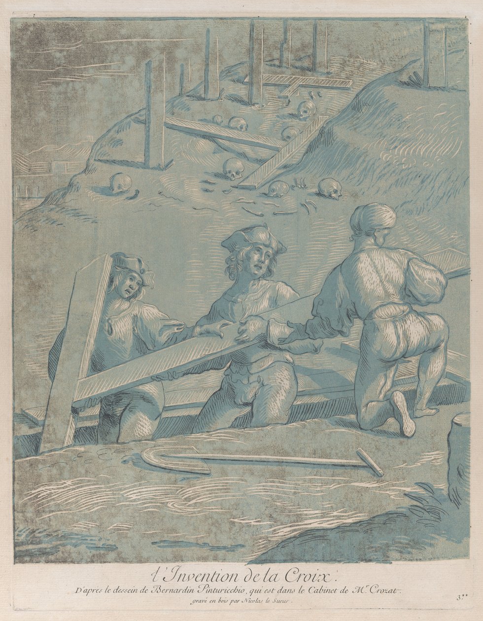 十字架的发明，三个人从战壕里抬起一个十字架，出自《Recueil ...》，约1729-64。 作者 尼古拉斯·勒苏尔