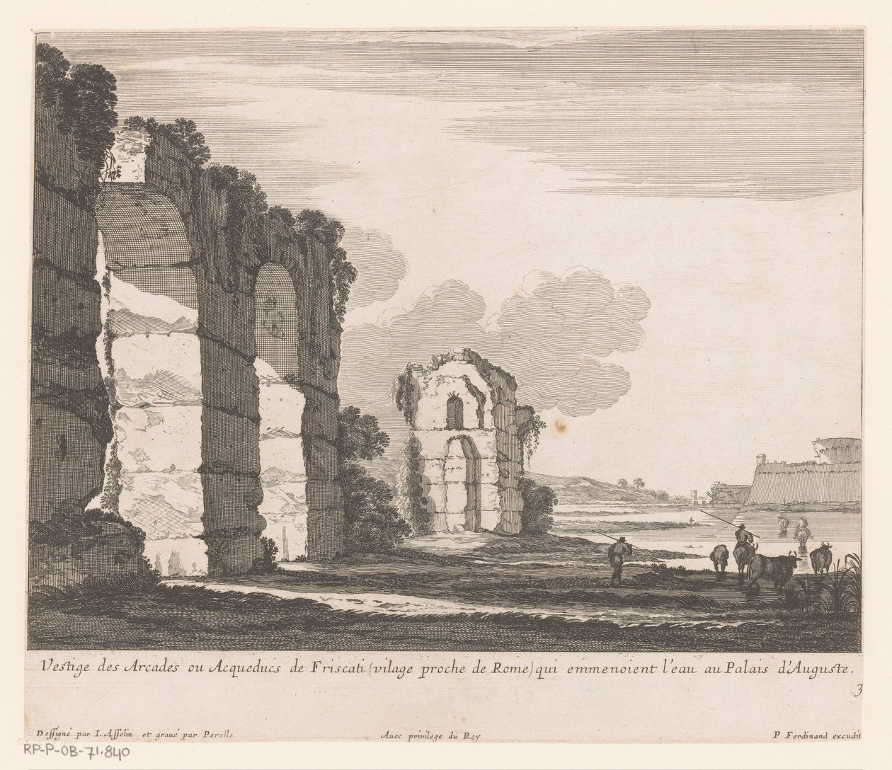 带有废墟和牧牛人的风景
Vestige des Arcades ou Acqueducs de Friscati（......）（物上标题） 作者 尼古拉斯·佩雷尔