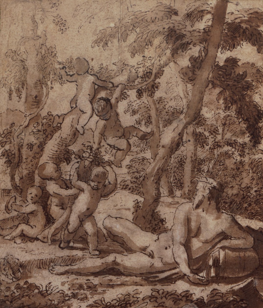 有河神和普提的森林景观（笔墨）。 作者 尼古拉斯·普桑（Nicolas Poussin）