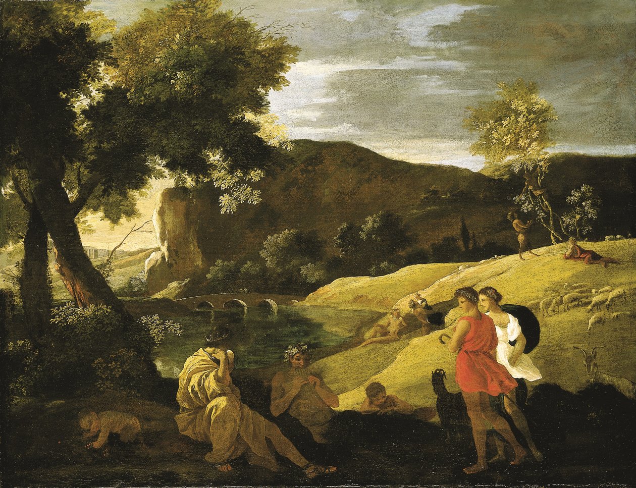 带有潘神和巴克斯传说故事的阿卡迪亚风景（布面油画） 作者 尼古拉斯·普桑（Nicolas Poussin）
