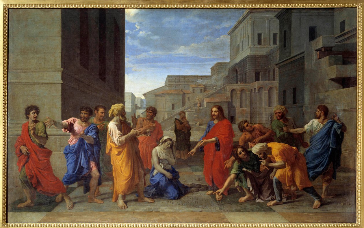尼古拉斯·普桑的基督和奸淫女子画 作者 尼古拉斯·普桑（Nicolas Poussin）