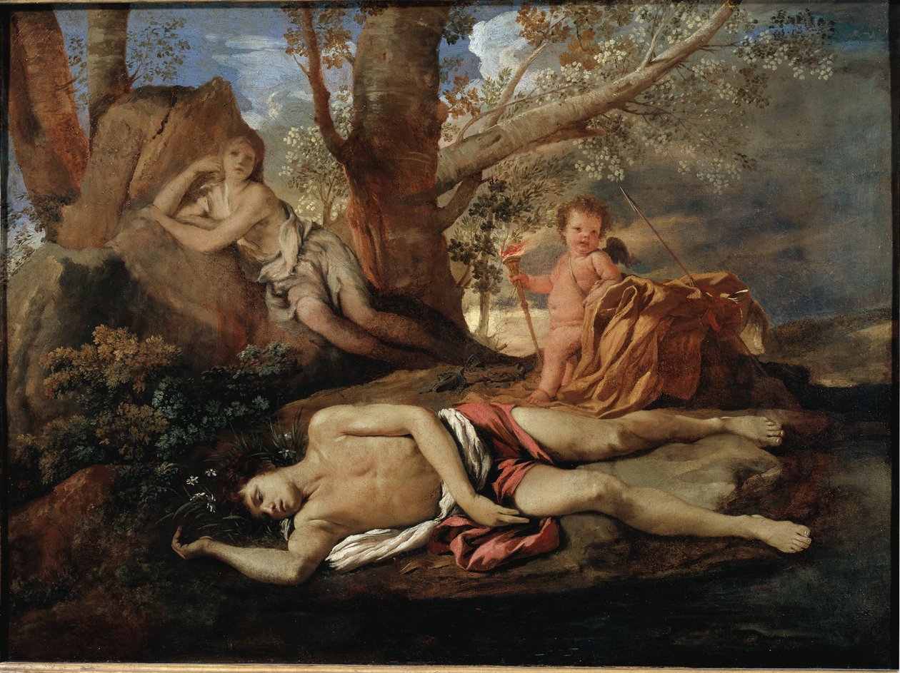 尼古拉斯·普桑（Nicolas Poussin）的画作《回旋的变形记》中启发奥维德的传奇故事的回声和水仙插图 作者 尼古拉斯·普桑（Nicolas Poussin）
