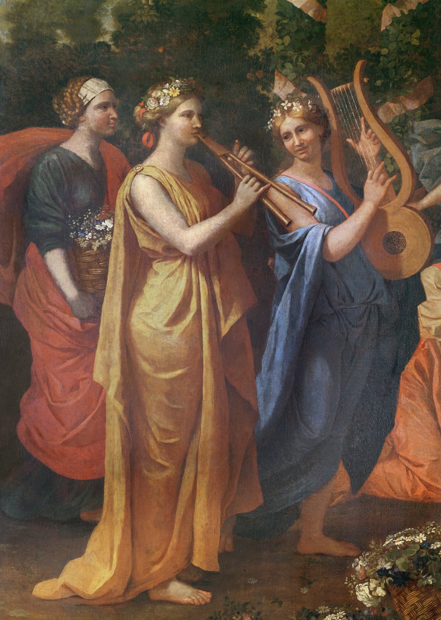 Hymenaios伪装成女人在Priapus的献祭中，音乐家的细节，c.1634-38 作者 尼古拉斯·普桑（Nicolas Poussin）