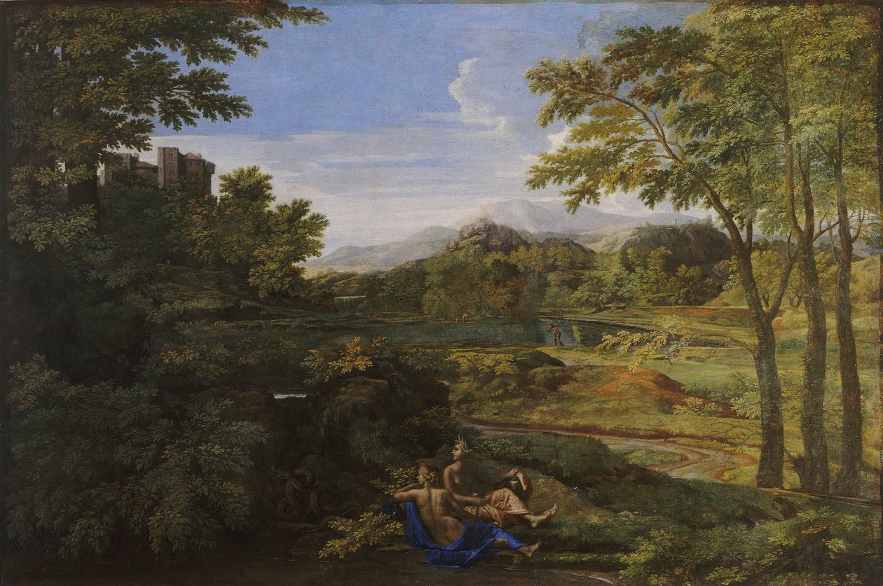 景观与两个若虫和一条蛇，ca 1659年 作者 尼古拉斯·普桑（Nicolas Poussin）