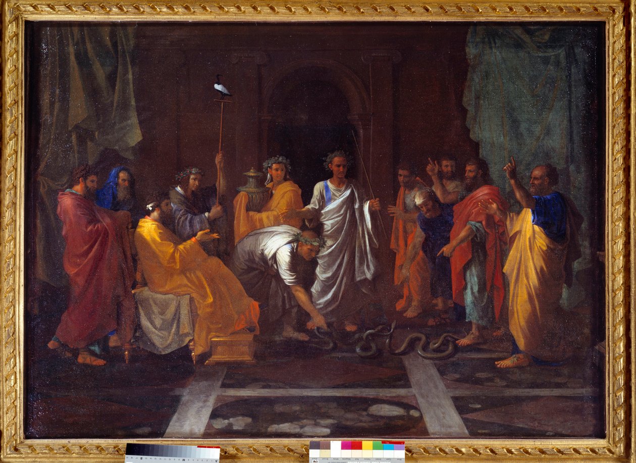 摩西将亚伦的杖变成蛇。尼古拉斯·普桑（Nicolas Poussin）绘画 作者 尼古拉斯·普桑（Nicolas Poussin）