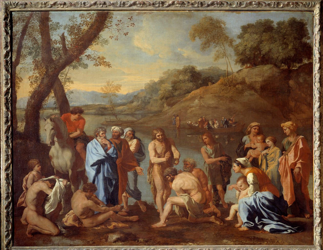 圣约翰为人民施洗。施洗者圣约翰在河边祝福人们。尼古拉斯·普桑（Nicolas Poussin）绘画 作者 尼古拉斯·普桑（Nicolas Poussin）