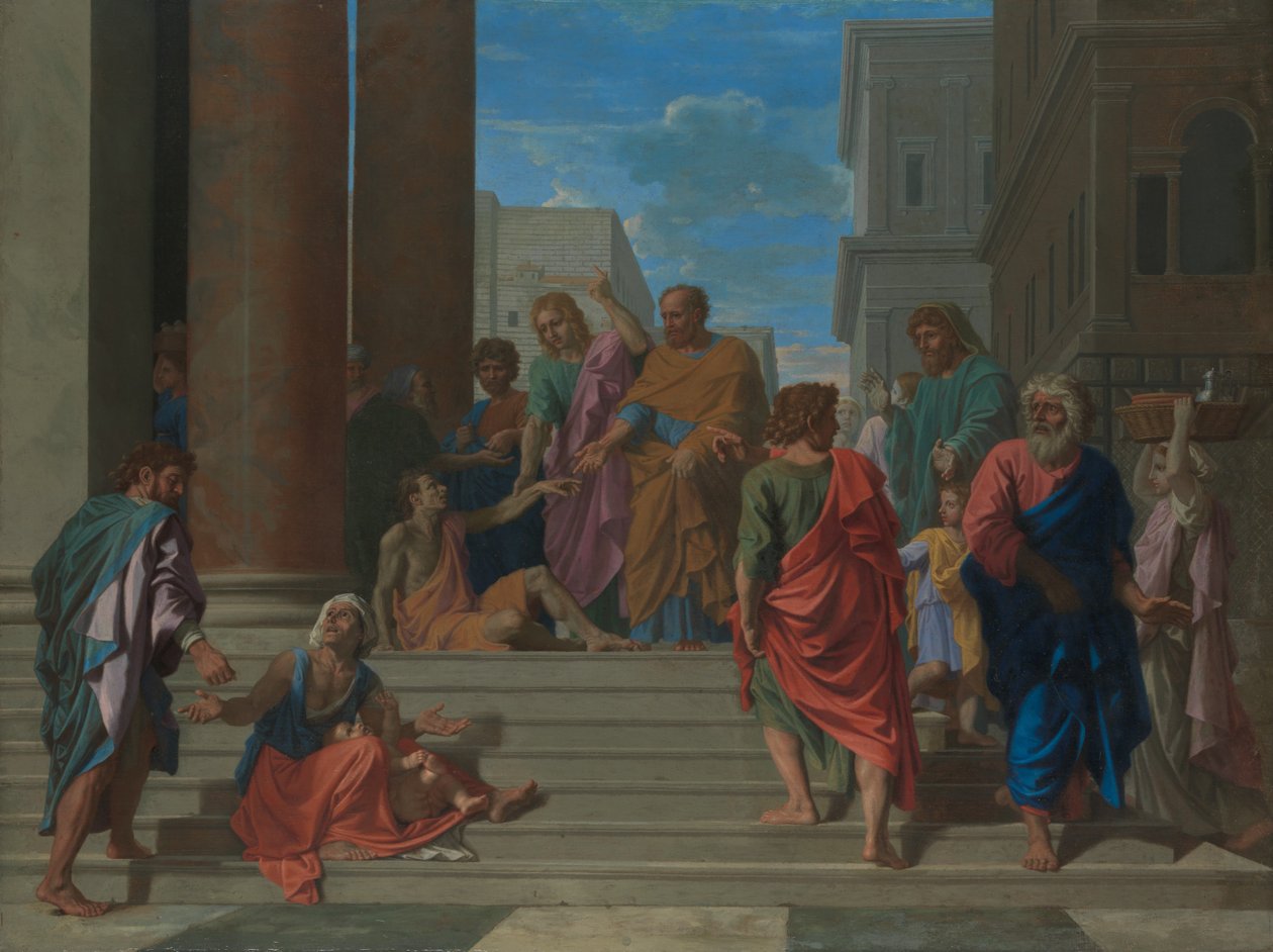 圣徒彼得和约翰治愈the脚的人，1655年。 作者 尼古拉斯·普桑（Nicolas Poussin）