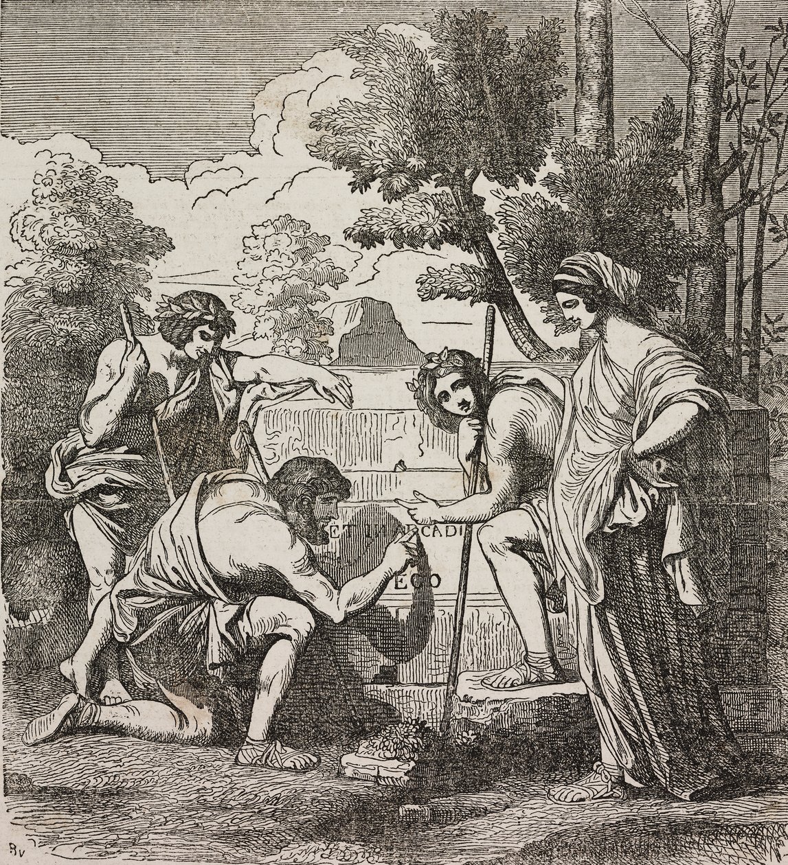 阿卡迪亚的牧羊人，由 Nicolas Poussin 绘制，来自环球剧院的插图，百科全书和场景收藏，第 512 号，5 月 4 日 作者 尼古拉斯·普桑（Nicolas Poussin）