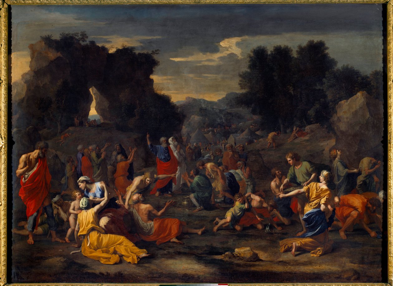 以色列人在沙漠中收集吗哪（manna）。 尼古拉斯·普桑 (Nicolas Poussin) 的绘画 (1594-1665) 作者 尼古拉斯·普桑（Nicolas Poussin）
