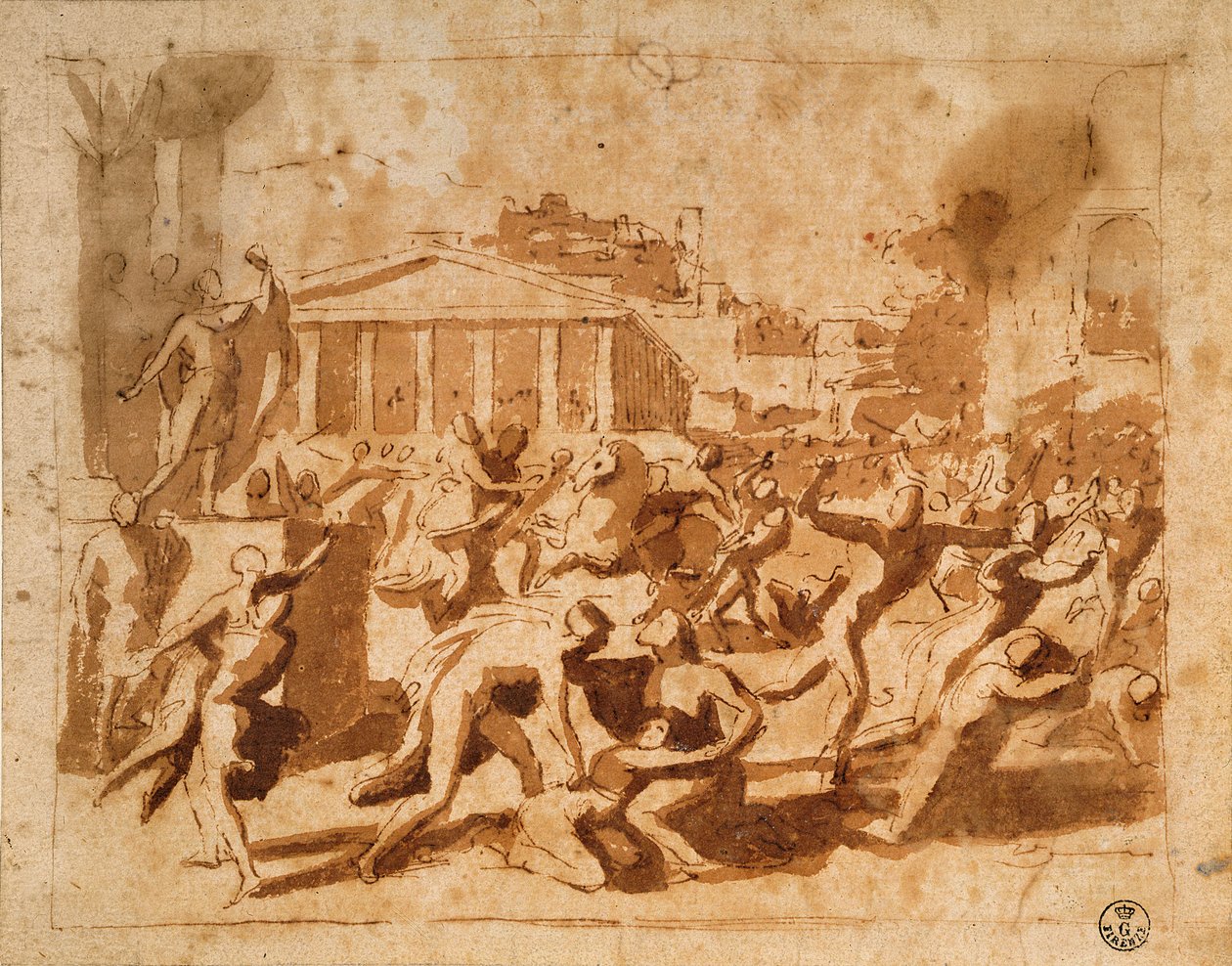 萨宾妇女的强奸（笔和墨水在纸上洗） 作者 尼古拉斯·普桑（Nicolas Poussin）