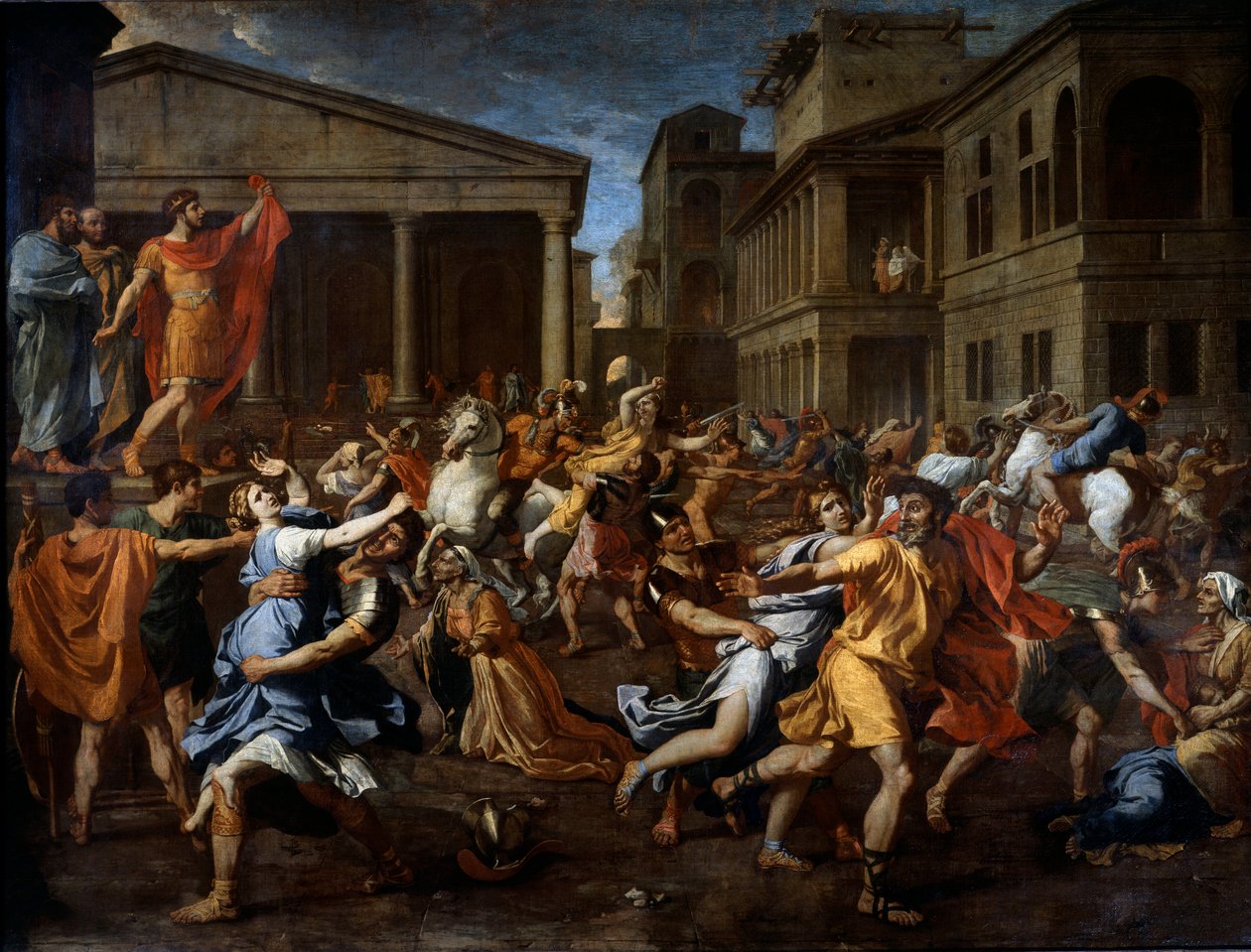 罗马人撤走了沙宾。左侧的Romulus观察现场。尼古拉斯·普桑（Nicolas Poussin）绘画 作者 尼古拉斯·普桑（Nicolas Poussin）