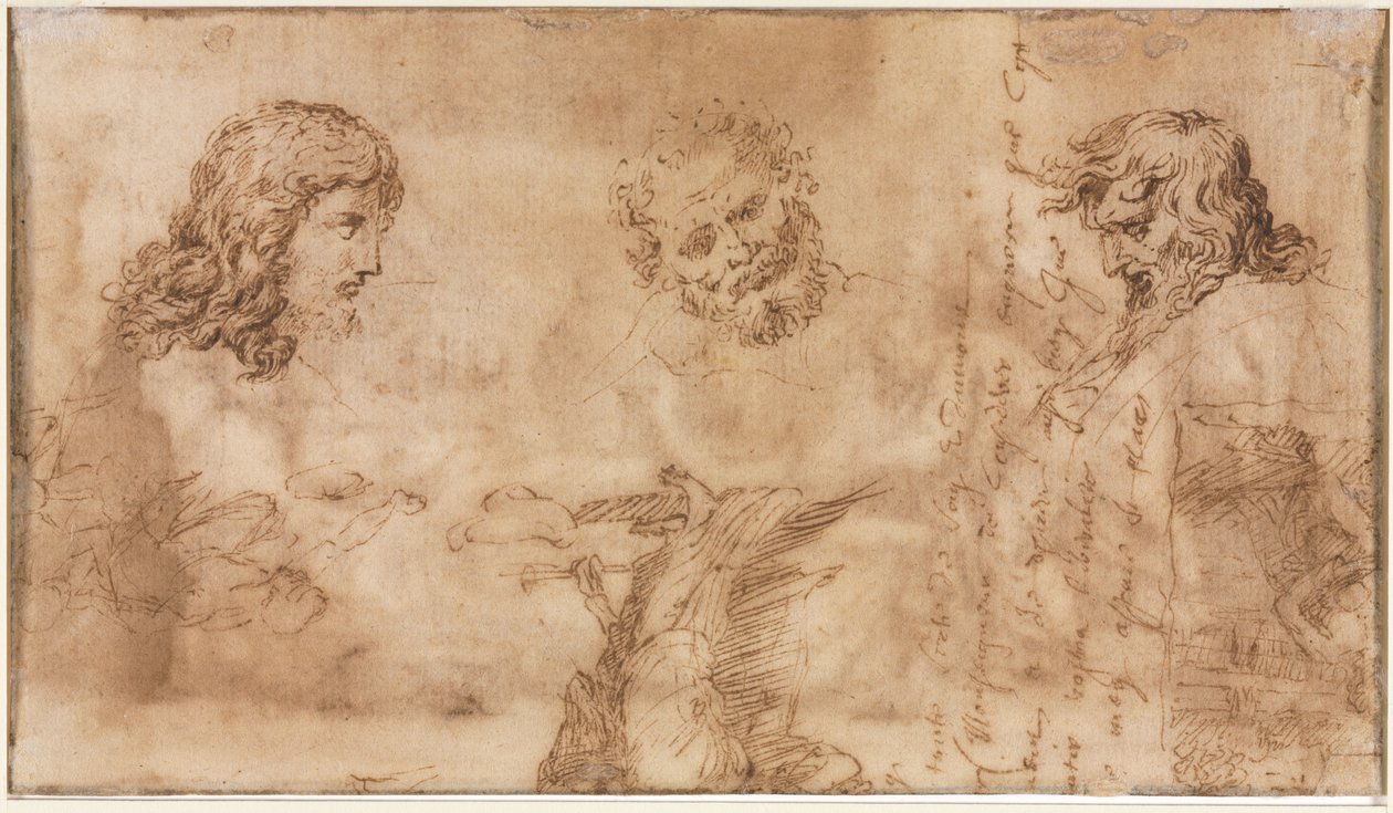反三头和其他素描，1643-1644年。 作者 尼古拉斯·普桑（Nicolas Poussin）