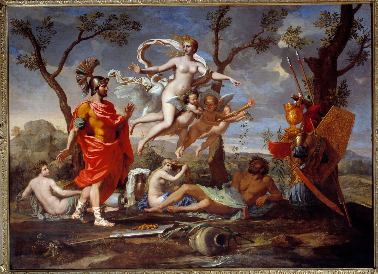 尼古拉斯·普桑 (Nicolas Poussin) (1594-1665) 1639 年的 Venus Armant Enee 绘画。 1.07x1.46 米鲁昂，美术博物馆 作者 尼古拉斯·普桑（Nicolas Poussin）