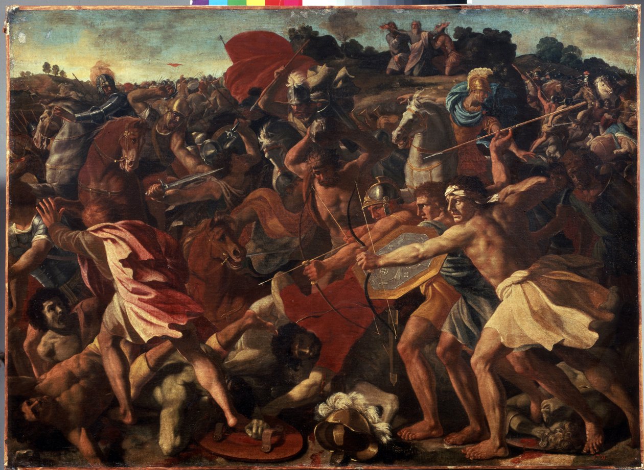 以色列人与亚玛力人之战中 "约书亚战胜亚玛力人"--尼古拉斯-普桑（Nicolas Poussin，1594-1665 年）的绘画，约创作于 1624-1625 年。布面油画。法国艺术，巴洛克风格。M 作者 尼古拉斯·普桑（Nicolas Poussin）