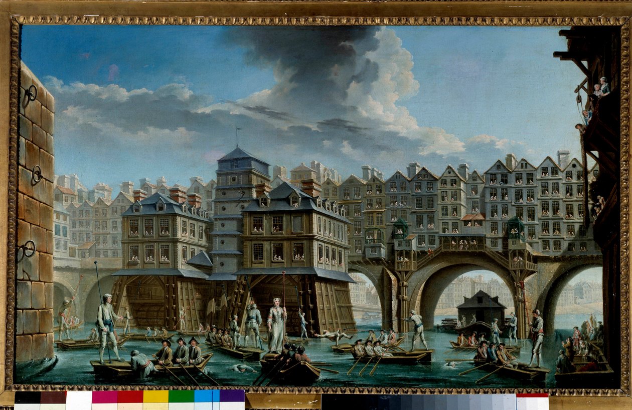 Pont Notre-Dame 和 Pont-au-Change 之间的水手游戏 巴黎塞纳河上的航海游戏。 尼古拉斯·让·巴蒂斯特·拉格内 (Nicolas Jean Baptiste Raguenet) (1715-1793) 的绘画 1756 年巴黎卡纳瓦莱博物馆 作者 尼古拉斯·拉格内（Nicolas Raguenet）