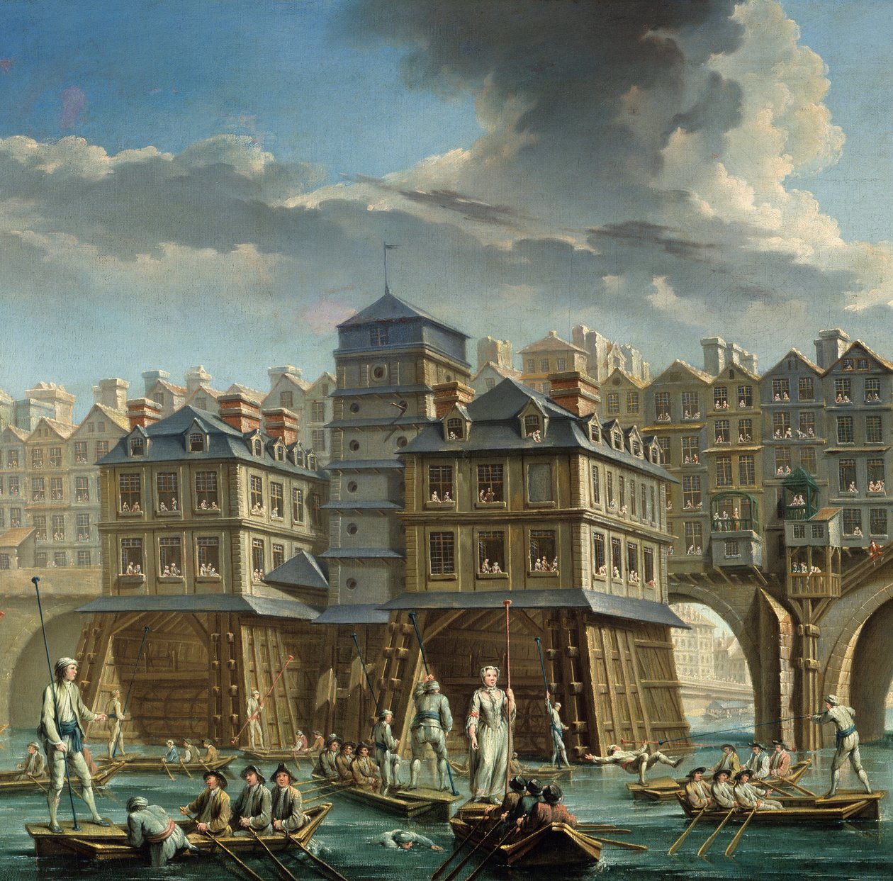 这幅画的细节：巴黎圣母院和 Pont-au-Change 之间的 Joute des mariniers” 巴黎塞纳河上的航海比赛。 尼古拉斯·让·巴蒂斯特·拉格内 (Nicolas Jean Baptiste Raguenet) (1715-1793) 的绘画 1756 年巴黎卡纳瓦莱博物馆 作者 尼古拉斯·拉格内（Nicolas Raguenet）