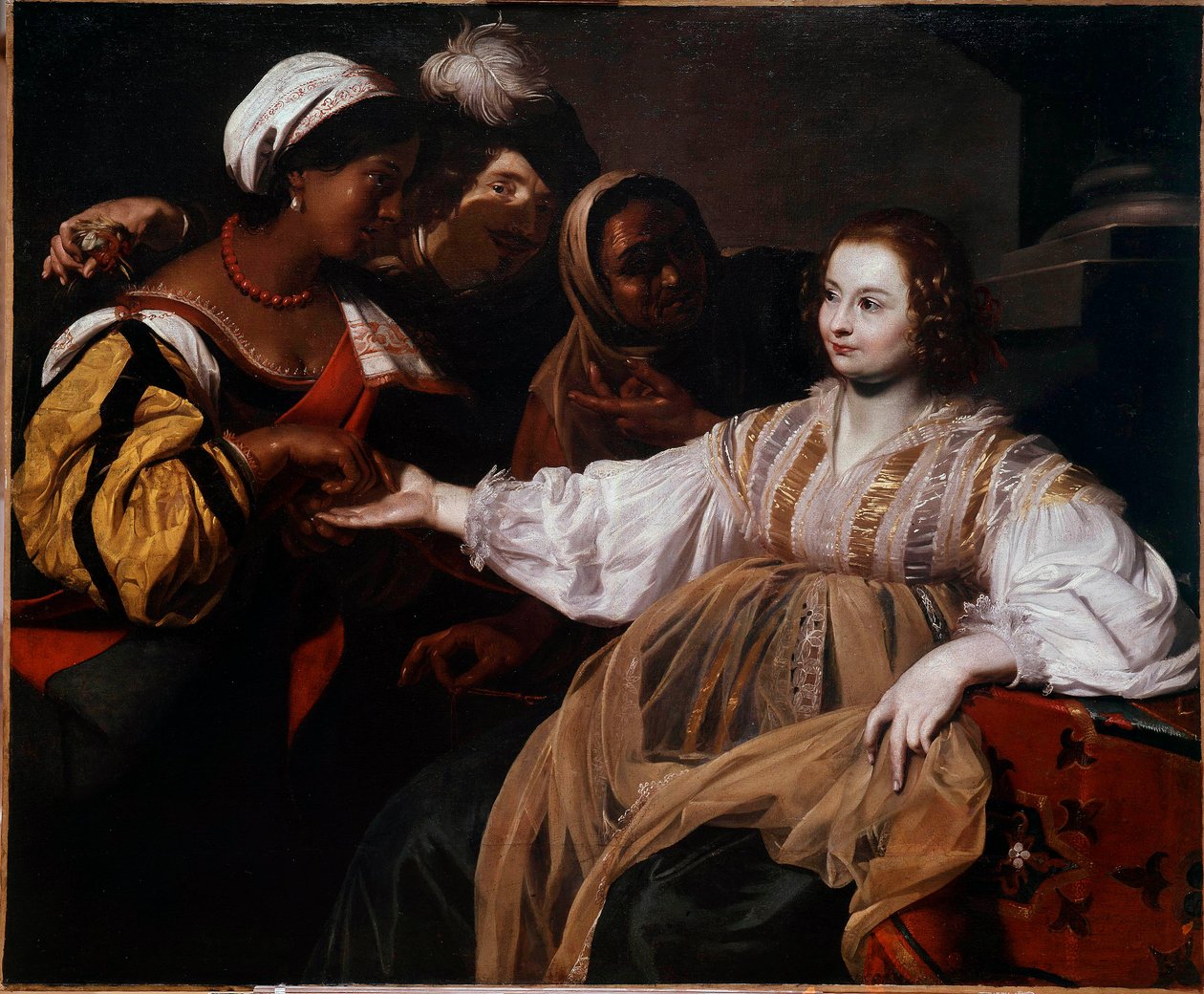 算命先生 一个女人来咨询手相师。 Nicolas Regnier (1591-1667) 的画作 1,2x1,5 m 作者 尼古拉斯·雷格尼尔