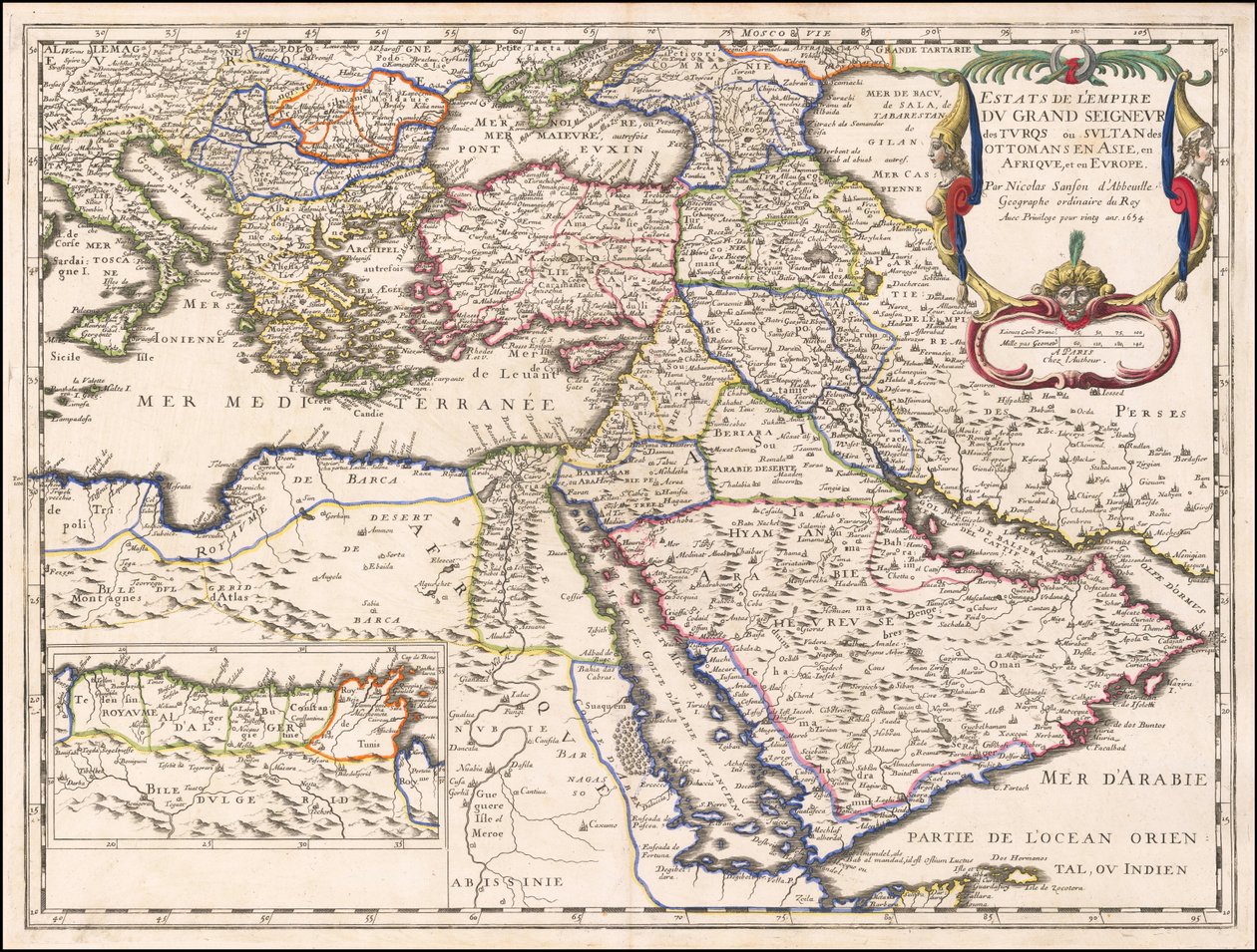 1654 年地图--亚洲、非洲和欧洲的土耳其大领主或奥斯曼帝国苏丹的帝国版图 作者 尼古拉斯·桑森（Nicolas Sanson）