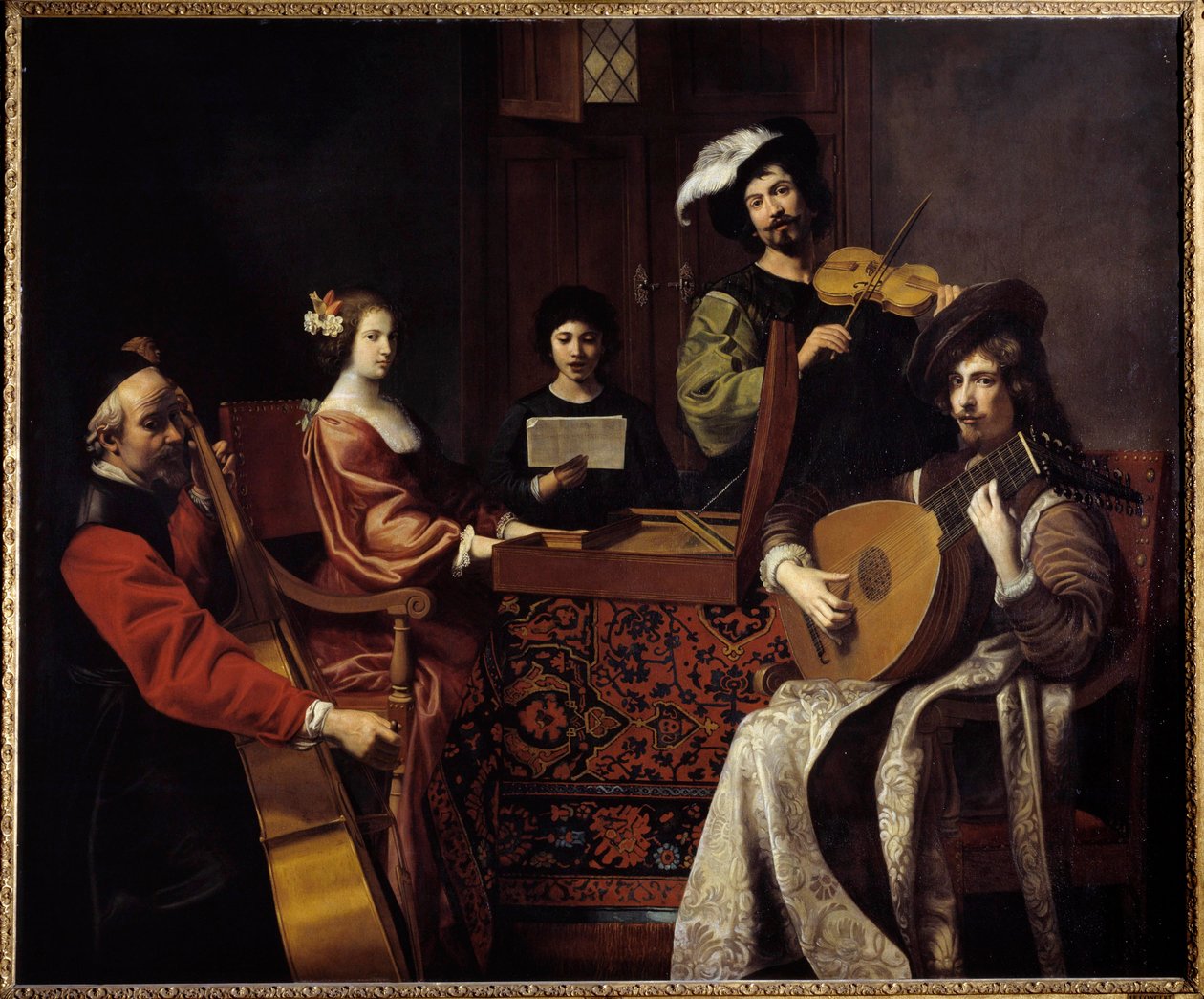 巴洛克音乐：“音乐会”“演奏弦乐器的音乐家。 Nicolas Tournier (1590-1657) 17 世纪的绘画。 1,88x2,26 m 作者 尼古拉斯·图尼尔