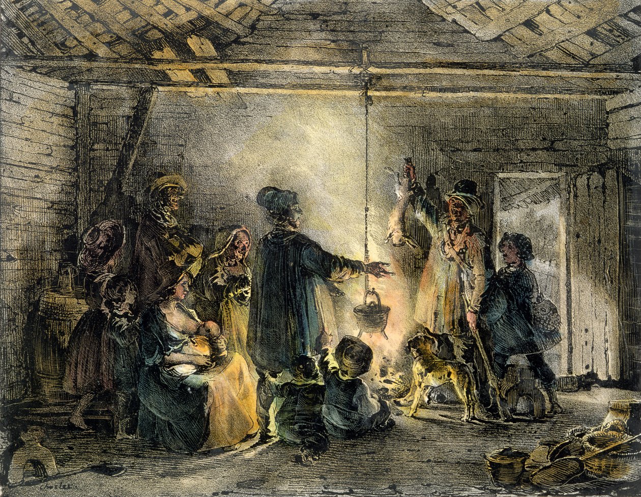 煤矿工人小屋的内部，由Godefroy Engelmann（1788-1839）1829年雕刻 作者 亚历山大·加布里埃尔（后）Decamps