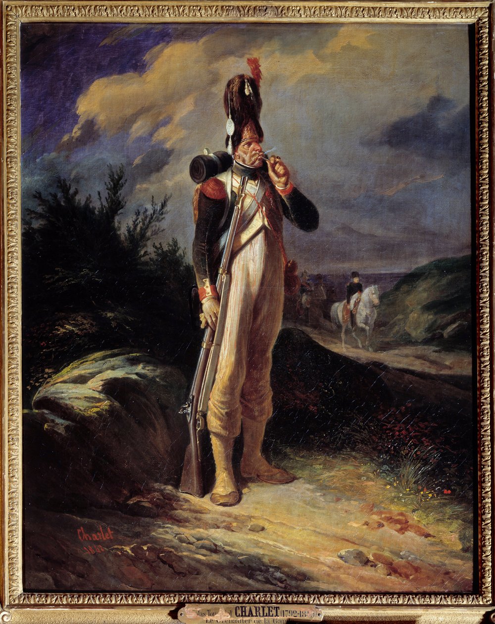 守卫掷弹兵的肖像 拿破仑·波拿巴 (Napoleon Bonaparte) 守卫脾气暴躁的肖像。 Nicolas Toussaint Charlet (1792-1845) 的画作，1842 年 0,81 x 0,65 米 作者 亚历山大·加布里埃尔（后）Decamps