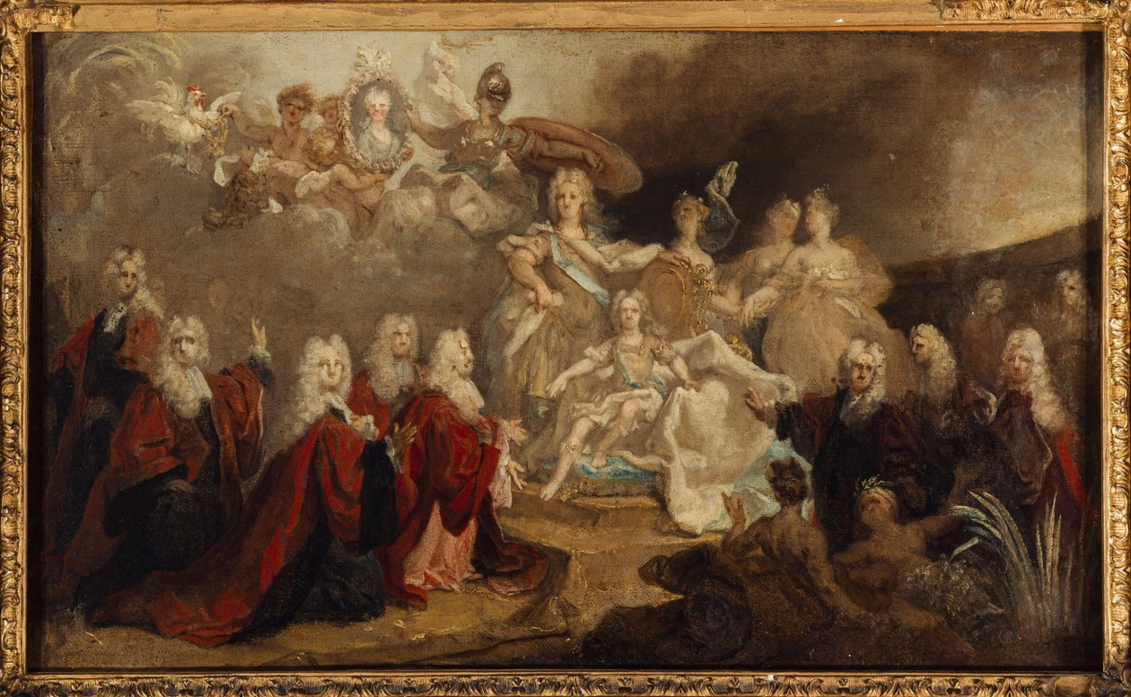 路易十五与西班牙王后玛丽-安娜-维克多尔订婚的寓言（1722 年），1722 年（布面油画） 作者 尼古拉斯·德（工作室）Largilliere