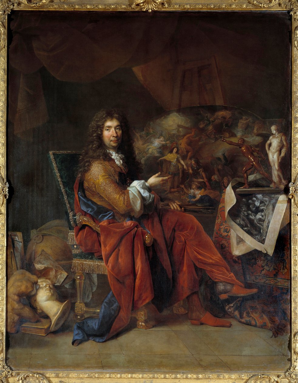 查尔斯·勒布伦 (Le Brun) (1619-1690) 的肖像，路易十四国王的第一位画家 尼古拉斯·德·拉吉利埃 (Nicolas de Lagilliere) (1656-1746) 的画作 2,32 x 1,81 m。 巴黎。 卢浮宫 作者 尼古拉斯·德·拉吉利埃